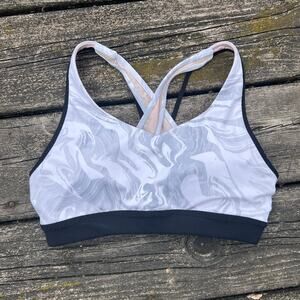Athleta Marble Print Sports Bra Pink Black Strappy Back‎ Women's XXS